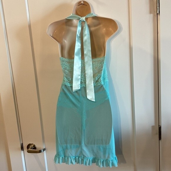 Halter top, 2 piece Teddy In Floral Sea Foam Lace & Mesh with satin bow & tie's - Picture 3 of 15